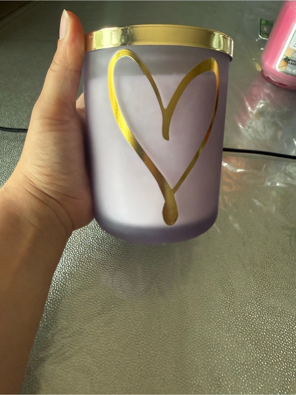 Lavender Frosted Glass Candle Holder with Gold Heart Accent
